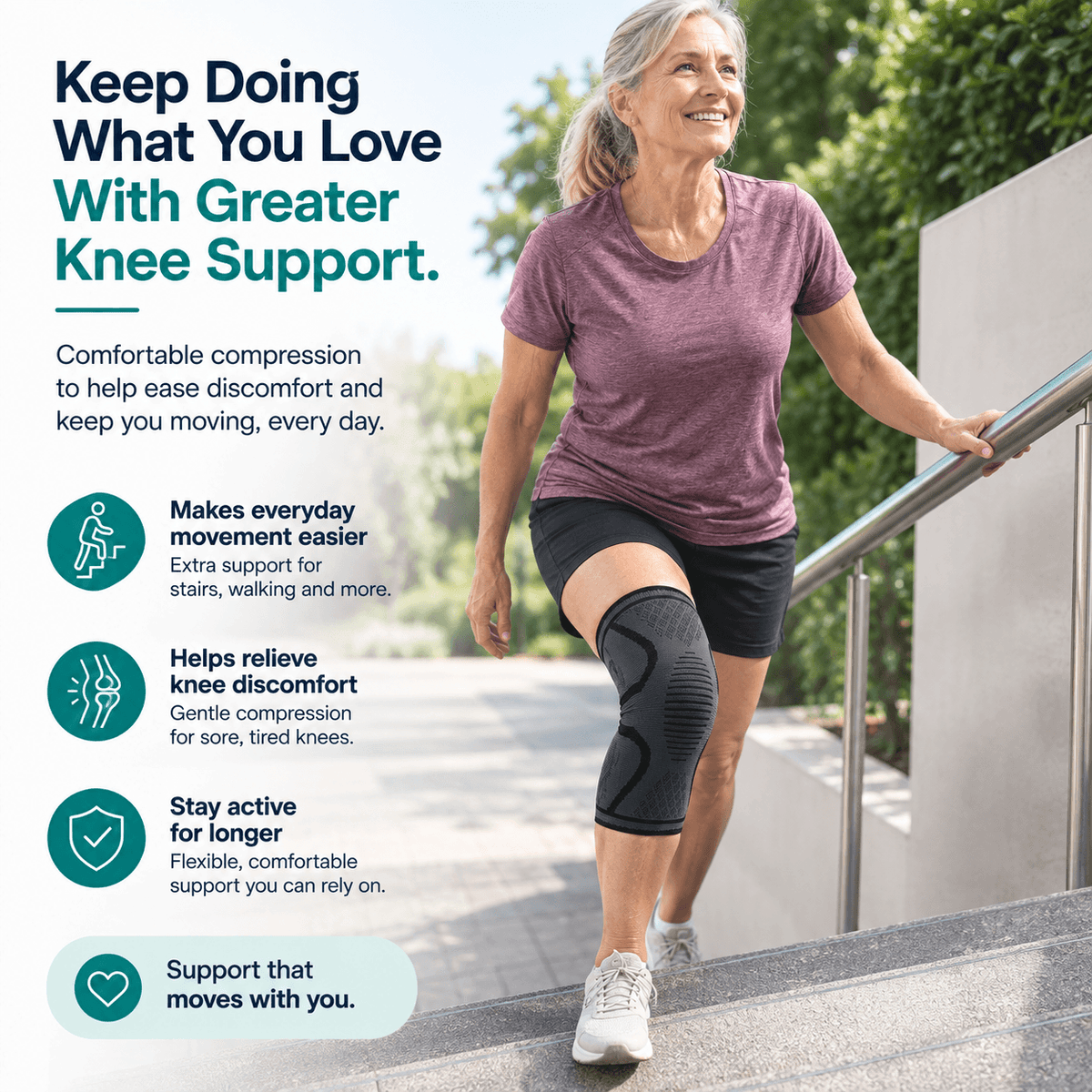 A woman walking up outdoor stairs wearing a knee compression sleeve, with marketing text and icons on the left explaining knee support benefits.