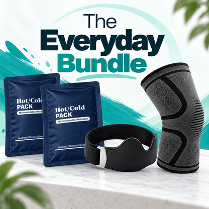 A product bundle set featuring two blue Hot/Cold Packs, a black neck wrap, and a gray compression knee sleeve, displayed on a white marble surface with a teal and white graphic background reading 'The Everyday Bundle'.