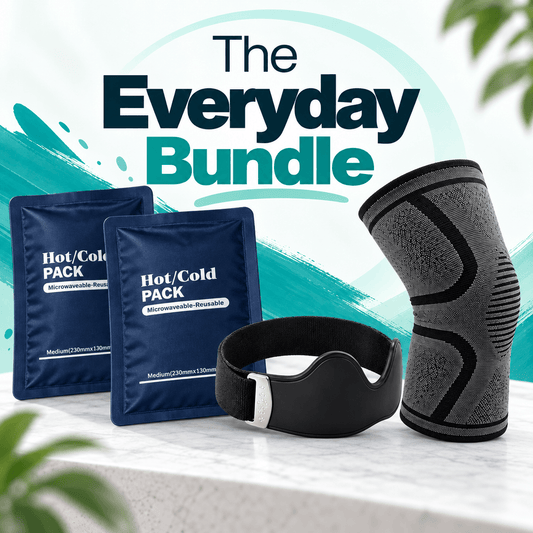 A product bundle set featuring two blue Hot/Cold Packs, a black neck wrap, and a gray compression knee sleeve, displayed on a white marble surface with a teal and white graphic background reading 'The Everyday Bundle'.