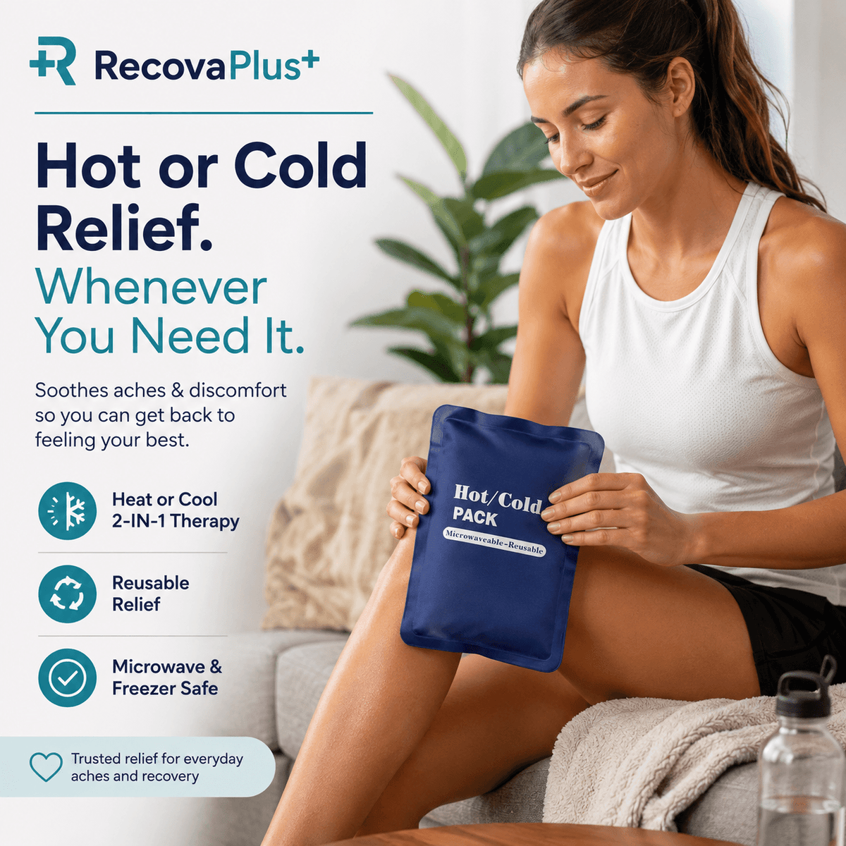 A woman sitting indoors holds a blue RecovaPlus+ Hot or Cold Relief pouch over her knee. The left side of the image features promotional text and icons highlighting product benefits: heat or cool 2-in-1 therapy, reusable relief, and microwave & freezer safe.