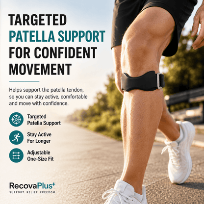 A person outdoors wearing a black patella support band around their knee, with promotional text on the left highlighting targeted patella support for confident movement. The brand name RecovaPlus is visible at the bottom left.
