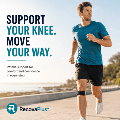 A man jogging outdoors on a sunny day wearing a black RecovaPlus+ knee support brace on his right knee. The image features promotional text on the left reading 'SUPPORT YOUR KNEE.