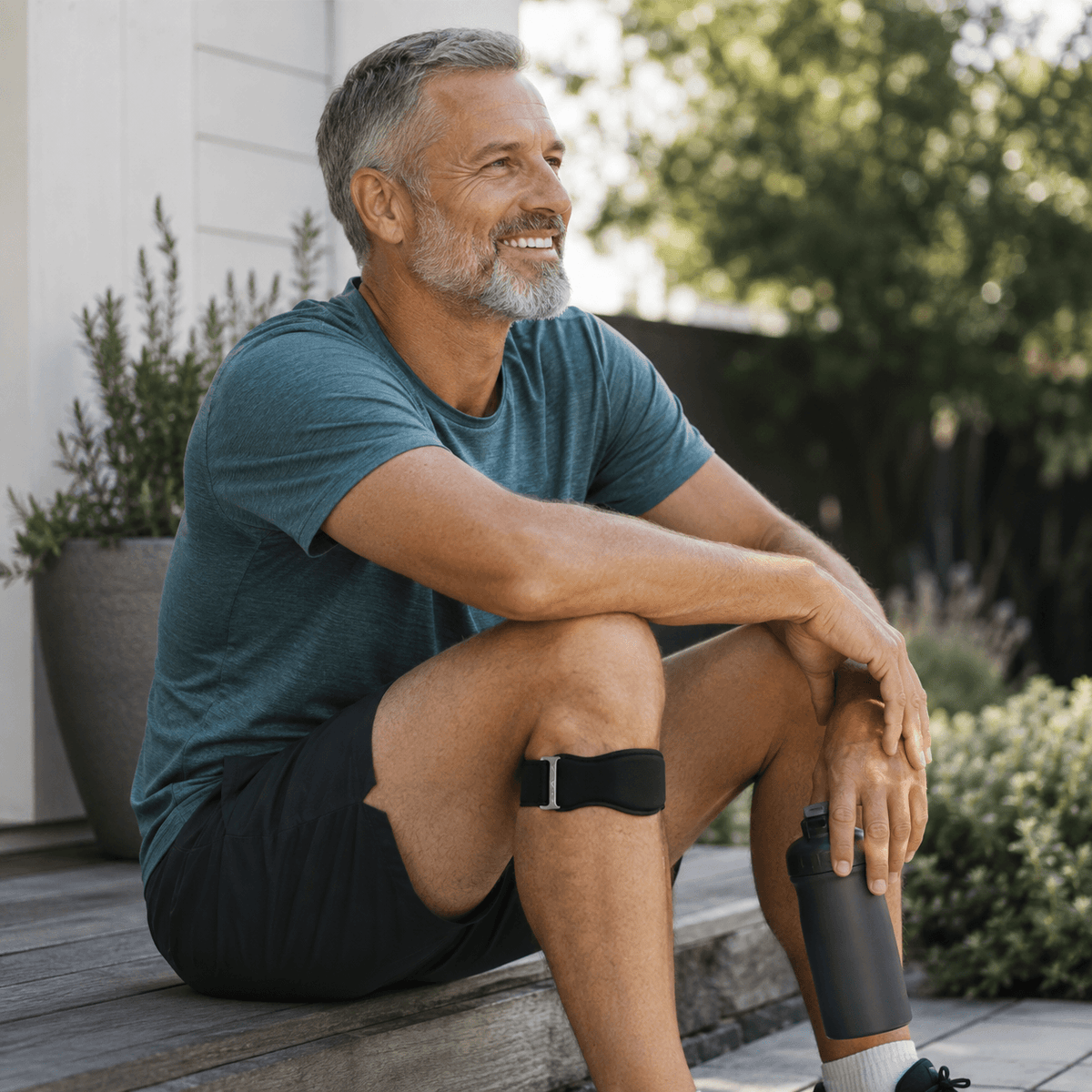 A smiling older man sits on outdoor wooden steps wearing a teal t-shirt, black shorts, a black athletic knee sleeve, and holding a dark water bottle. The background shows a white house exterior and green garden foliage.
