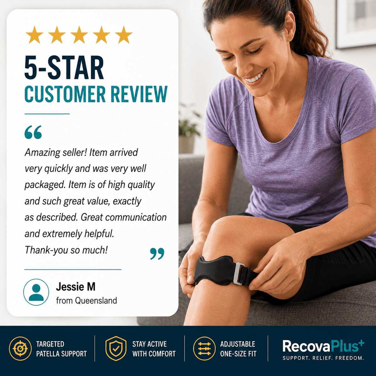 A woman in a purple shirt sits on a couch and fastens a black RecovaPlus knee support brace. A large white review panel on the left reads '5-STAR CUSTOMER REVIEW' with a customer quote and name, and a dark blue footer shows product benefits and the RecovaPlus brand.