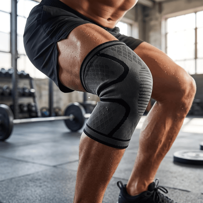 A close-up of a man's legs in a gym wearing a black and dark gray compression knee sleeve while doing a squat.