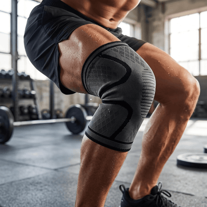 A close-up of a man's legs in a gym wearing a black and dark gray compression knee sleeve while doing a squat.