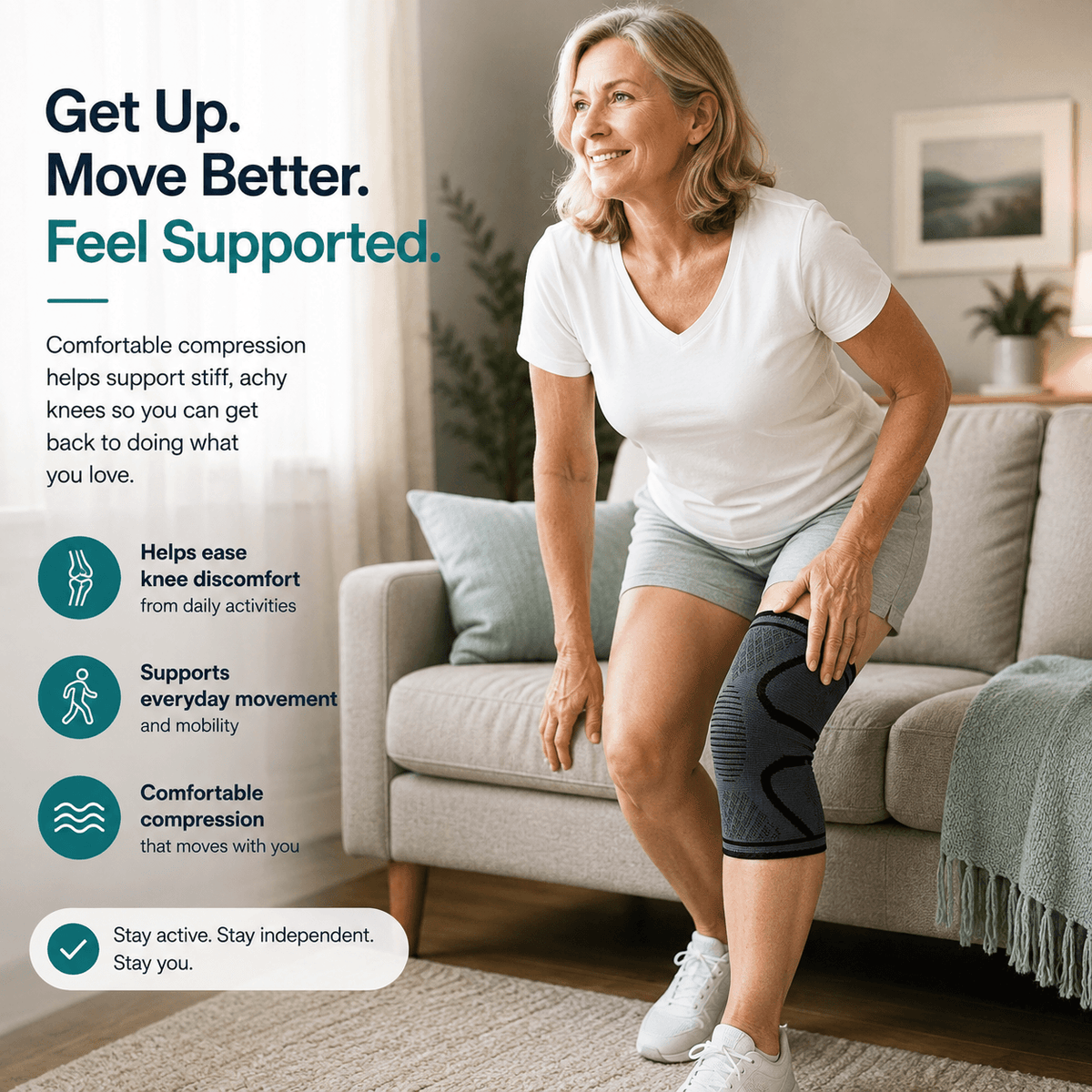 A woman in a white t-shirt and gray shorts sits on a beige sofa in a living room, wearing a dark gray knee compression sleeve. The image includes marketing text on the left highlighting the benefits of comfortable compression.