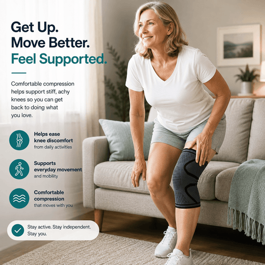 A woman in a white t-shirt and gray shorts sits on a beige sofa in a living room, wearing a dark gray knee compression sleeve. The image includes marketing text on the left highlighting the benefits of comfortable compression.