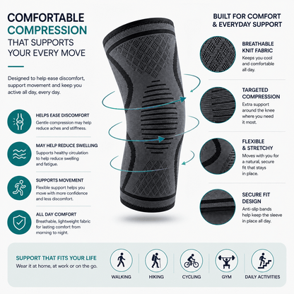 An infographic detailing the features of a black knee compression sleeve, highlighting its breathable knit fabric, targeted compression zones, flexible stretch, and secure fit design with icons and text on a light blue and white background.